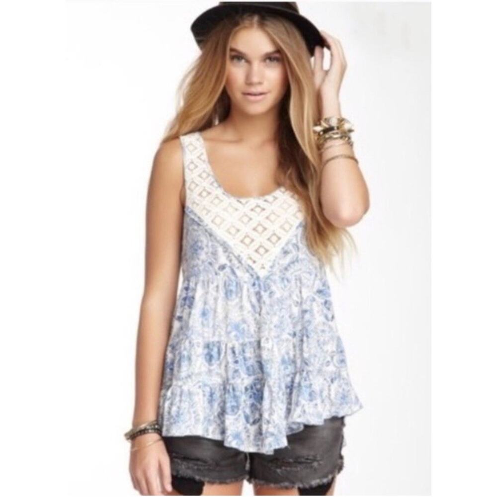 Free People Blue White Place Dorothy Blue Flam Sz Xs Linen Cotton Blend Boho
